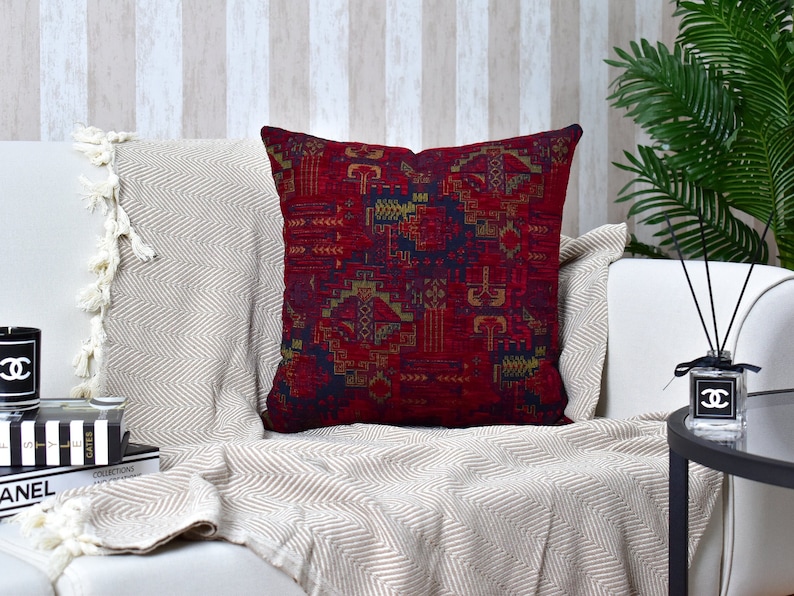 Wine Red Kilim Pillow Cover, Red Lumbar Throw Pillow, Bohemian Rug Pillow, Kilim Cushion, Kilim Pillowcase, Kilim Euro Sham Cover/ All Sizes image 2