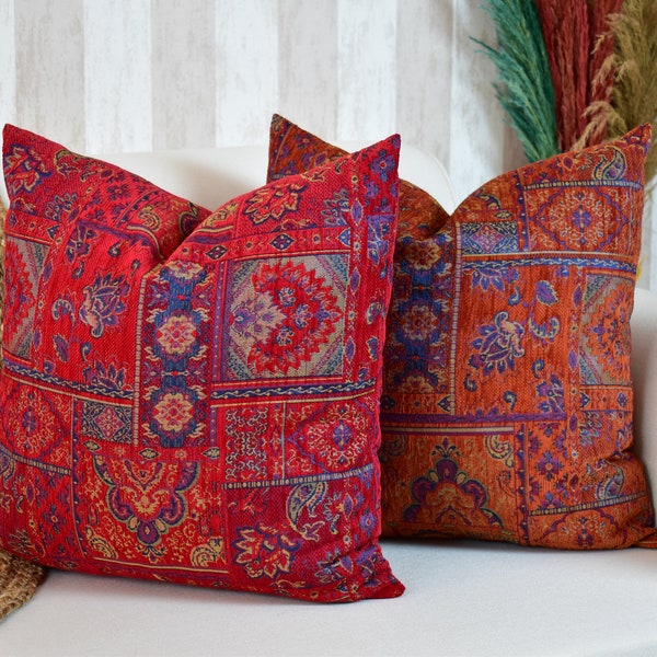 Boho Kilim Pillow Cover, Turkish Rug Throw Pillow, Bohemian Cushion Cover, Moroccan Persian Pillow, Cozy Chenille Pillow Cover, Any Sizes