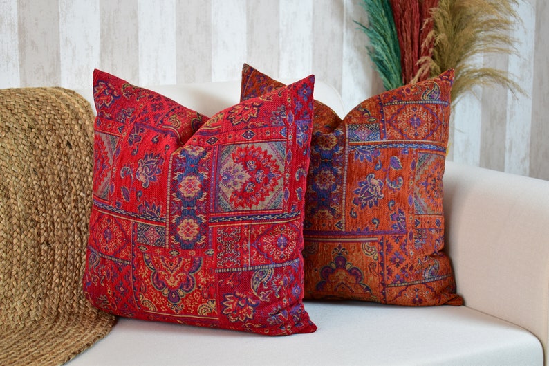 Boho Kilim Pillow Cover, Turkish Rug Throw Pillow, Bohemian Cushion Cover, Moroccan Persian Pillow, Cozy Chenille Pillow Cover, Any Sizes image 1