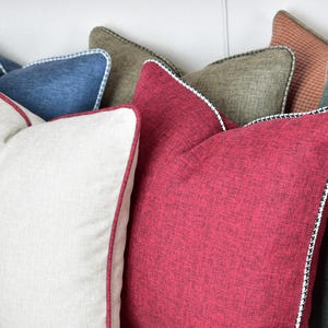 Any size red linen throw pillow, Custom piping linen cushion, Decorative linen pillow, 20 color options pillows, Match the colors you like