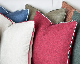 Any size red linen throw pillow, Custom piping linen cushion, Decorative linen pillow, 20 color options pillows, Match the colors you like