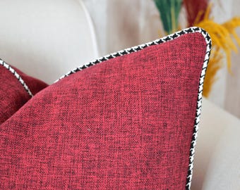 Red Linen Pillow Cover: Designer Piping, Luxury Throw Cushion