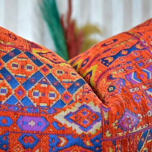 Terracotta Kilim Throw Pillow Cover, Geometric Rug Cushion, Turkish Lumbar Pillow, Chenille Ethnic Pillow Case, Unique Color Unique Design