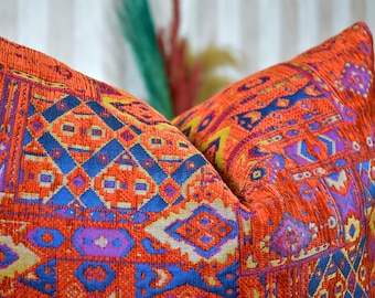 Terracotta Kilim Throw Pillow Cover, Geometric Rug Cushion, Turkish Lumbar Pillow, Chenille Ethnic Pillow Case, Unique Color Unique Design