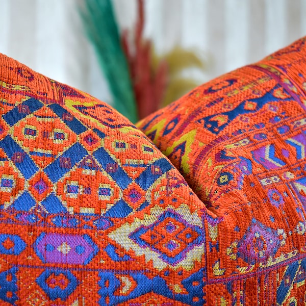 Terracotta Kilim Throw Pillow Cover, Geometric Rug Cushion, Turkish Lumbar Pillow, Chenille Ethnic Pillow Case, Unique Color Unique Design