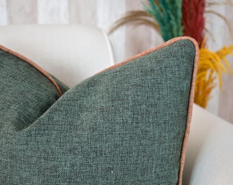 Hunter Green Linen Throw Pillow Cover: Piping Detail, All Sizes