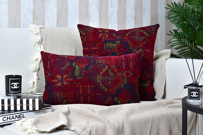 Wine Red Kilim Pillow Cover Red Lumbar Throw Pillow Bohemian Etsy
