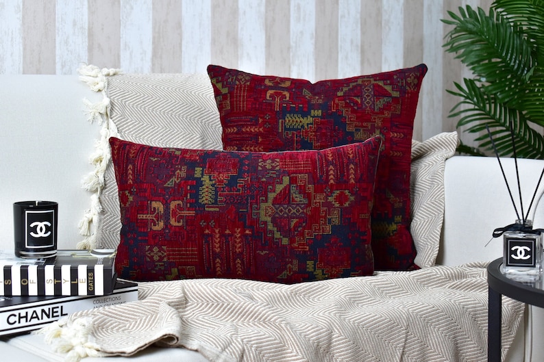 Wine Red Kilim Pillow Cover, Red Lumbar Throw Pillow, Bohemian Rug Pillow, Kilim Cushion, Kilim Pillowcase, Kilim Euro Sham Cover/ All Sizes image 1