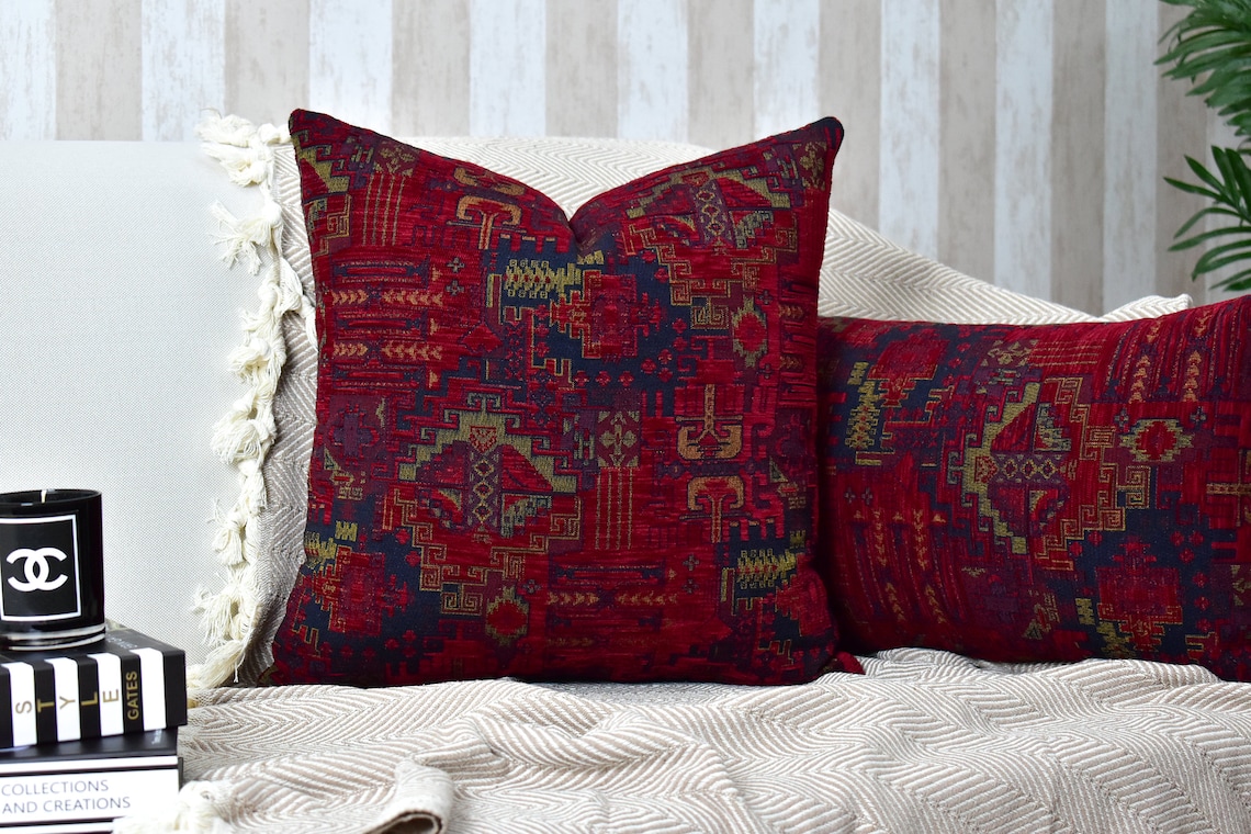 Wine Red Kilim Pillow Cover Red Lumbar Throw Pillow Bohemian Etsy