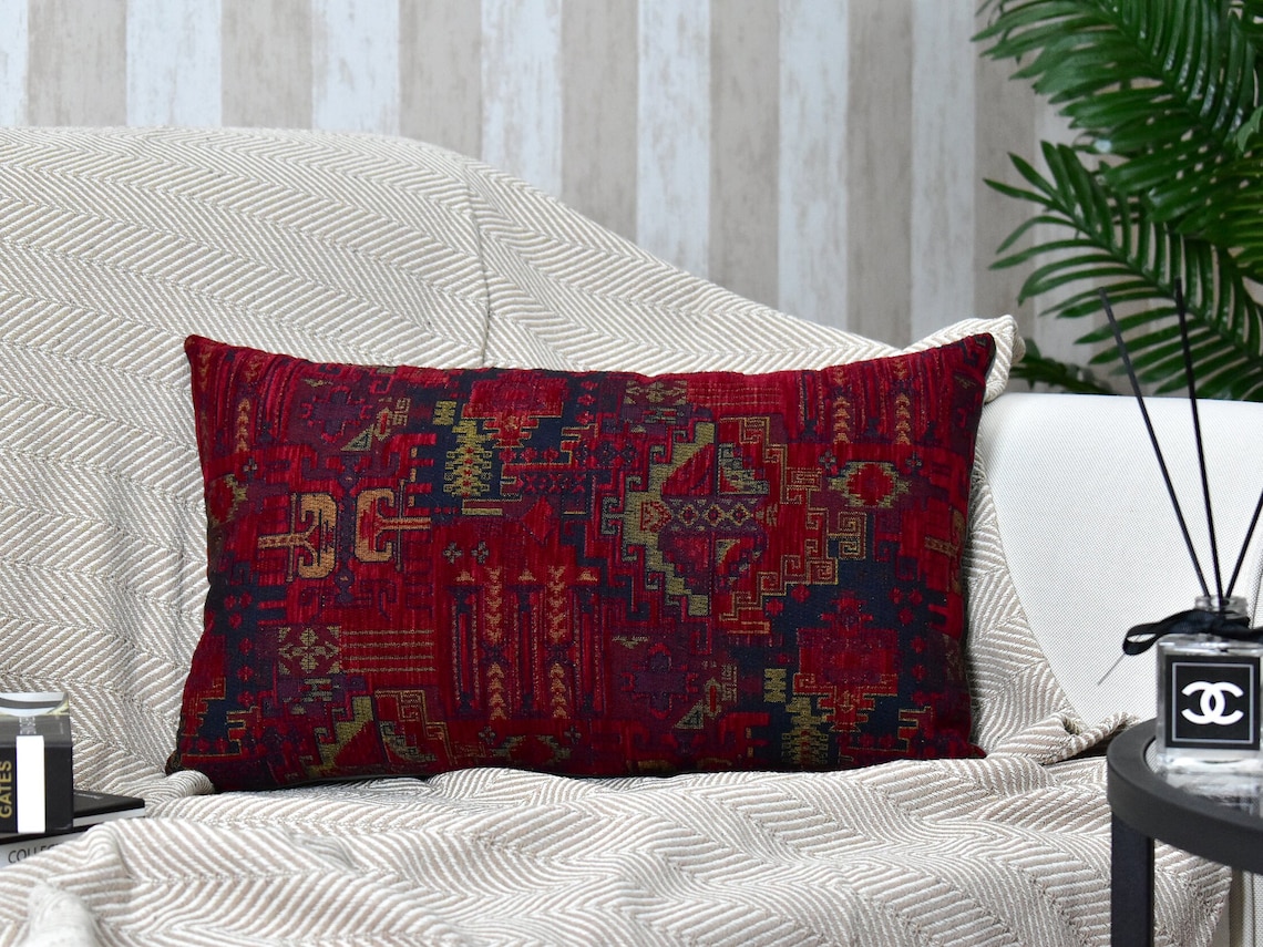 Wine Red Kilim Pillow Cover Red Lumbar Throw Pillow Bohemian Etsy