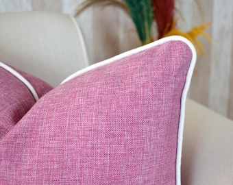 Pink Linen Pillow Cover: White Piping, Luxury Cushion