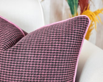 Black & Pink Linen Pillow Cover: Designer Throw Cushion with Pink Piping