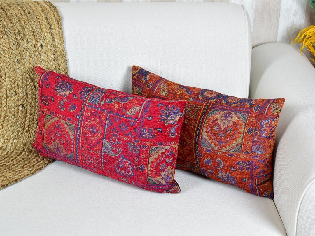 Floral Kilim Lumbar Pillow, Linen Throw Pillow Cover, Trendy Turkish Rug Cushion Cover, Waist