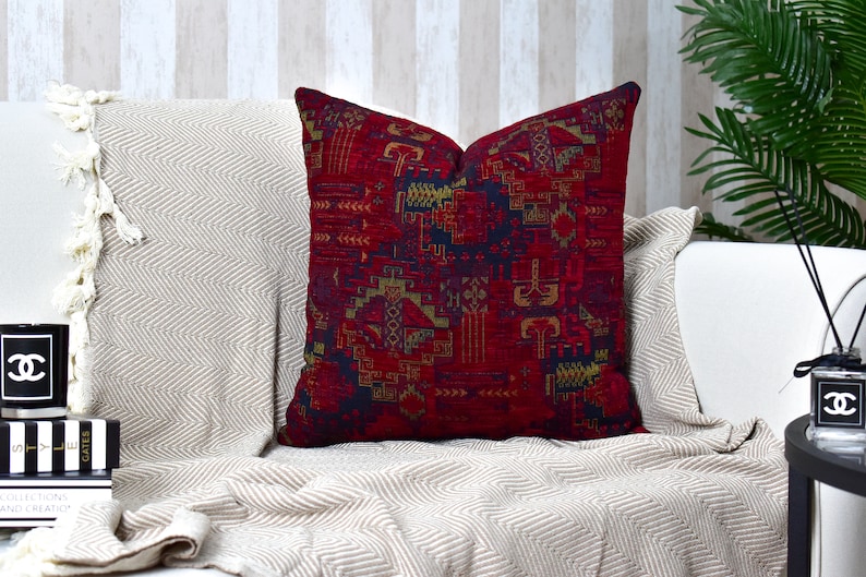 Wine Red Kilim Pillow Cover, Red Lumbar Throw Pillow, Bohemian Rug Pillow, Kilim Cushion, Kilim Pillowcase, Kilim Euro Sham Cover/ All Sizes image 5