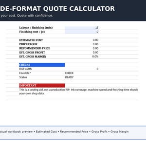 Peut inclure: Une interface de feuille de calcul pour calculateur de devis grand format affichant des champs pour la main-d'œuvre, les coûts de finition, le coût estimé, le prix plancher, le prix recommandé, la marge brute et le profit brut.