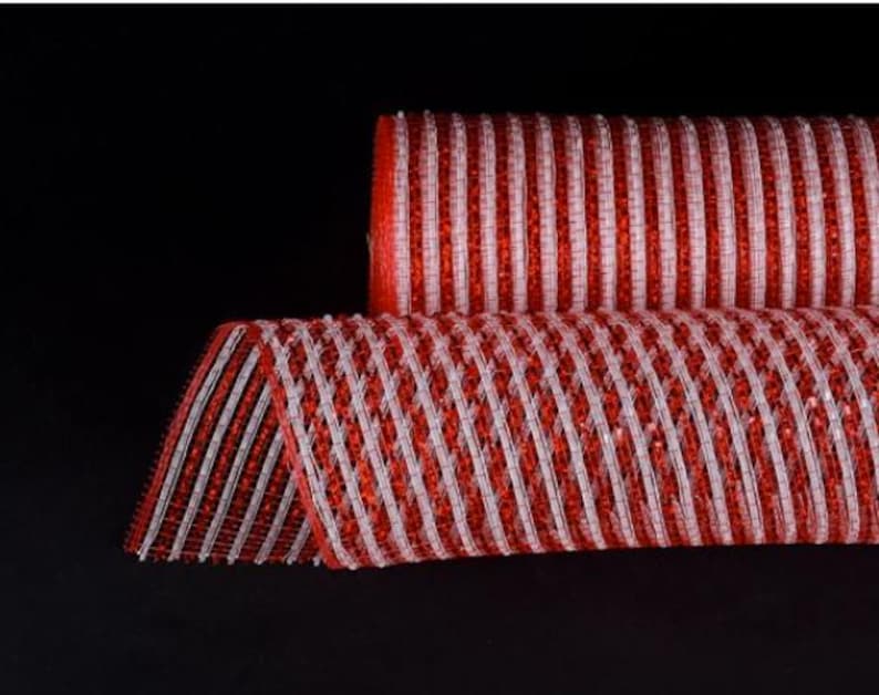 White and Red Lines - Poly Deco Mesh - 10 Inch x 10 Yards. The vivid red foil stripes against a clean white mesh base evoke candy cane charm, patriotic pride, or romantic flair depending on the season.