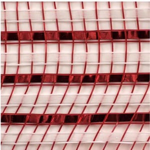 May include: Close-up of a decorative mesh material with a grid pattern. The mesh features a combination of red and white ribbons, creating a textured and visually appealing design. The red ribbons are metallic, adding a touch of shimmer.