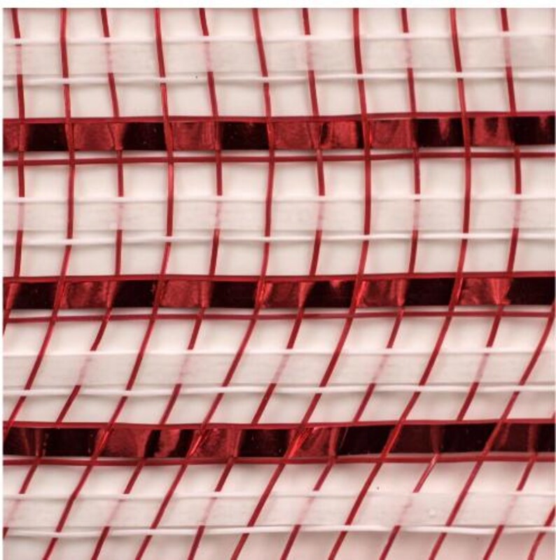 May include: Close-up of a decorative mesh material with a grid pattern. The mesh features a combination of red and white ribbons, creating a textured and visually appealing design. The red ribbons are metallic, adding a touch of shimmer.