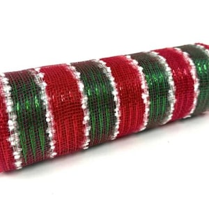 Red and Green Snowy - Poly Deco Mesh Metallic Stripes 10 inch x 10 yards