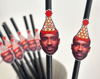 Personalised Birthday Hat Face Straw Toppers & Straws, Custom Cocktail Party Decorations, Birthday Drink Accessories, Fun Bar Party Supplies