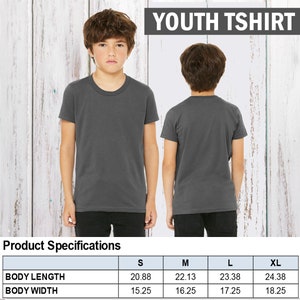 May include: Youth t-shirt size chart with measurements in inches for body length and width. Sizes include S, M, L, and XL.