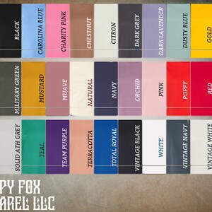 May include: Color chart with a fox logo and the text "Happy Fox Apparel LLC". The chart shows 36 different color swatches with the name of each color written below.