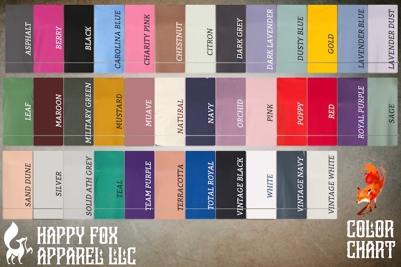 May include: Color chart with a fox logo and the text "Happy Fox Apparel LLC". The chart shows 36 different color swatches with the name of each color written below.