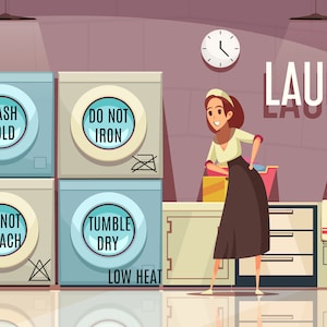 May include: A woman stands in a laundry room with a stack of folded towels and a sign that reads "LAUNDRY". There are four washing machines with instructions for washing and drying clothes: "Wash Cold", "Do Not Iron", "Do Not Bleach", and "Tumble Dry Low Heat".