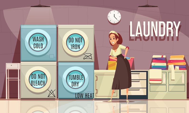 May include: A woman stands in a laundry room with a stack of folded towels and a sign that reads "LAUNDRY". There are four washing machines with instructions for washing and drying clothes: "Wash Cold", "Do Not Iron", "Do Not Bleach", and "Tumble Dry Low Heat".