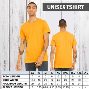 May include: Unisex t-shirt size chart with measurements in inches for body length, body width, full body length, and sleeve length. Sizes range from XS to 5XL.