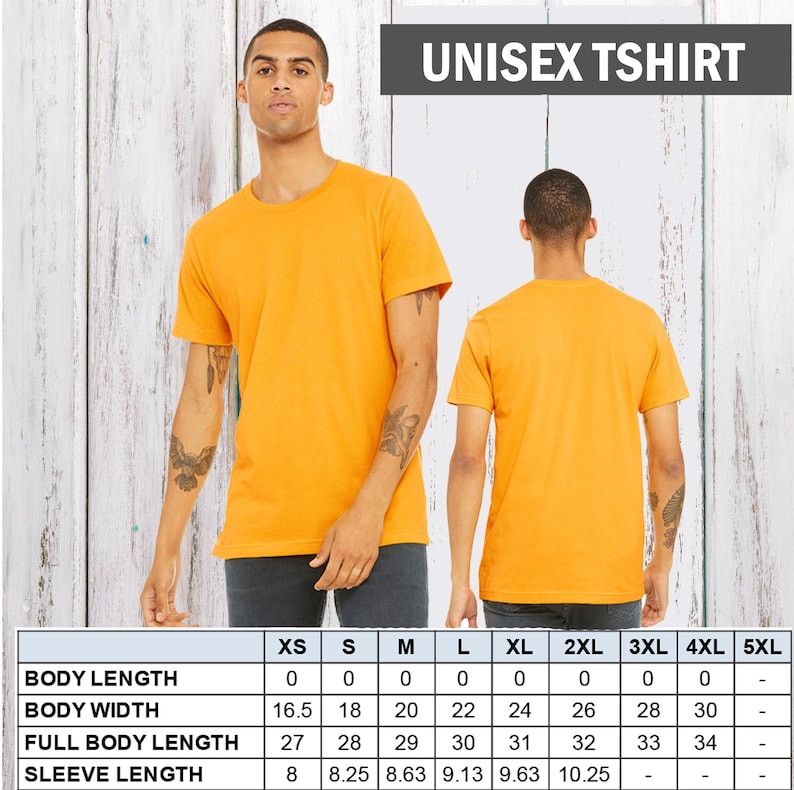 May include: Unisex t-shirt size chart with measurements in inches for body length, body width, full body length, and sleeve length. Sizes range from XS to 5XL.