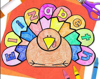 Thanksgiving Turkey Name Craft for Kids Instant Download Editable PDF | Thanksgiving Decor Turkey Picture Craft