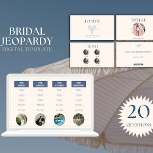 May include: A digital template for a bridal jeopardy game with 20 questions. The game board is displayed on a laptop screen with categories for the bride, groom, couple, and wedding. The categories are divided into five levels of difficulty, with corresponding dollar amounts. The game board is surrounded by a blue background with a white umbrella in the background.