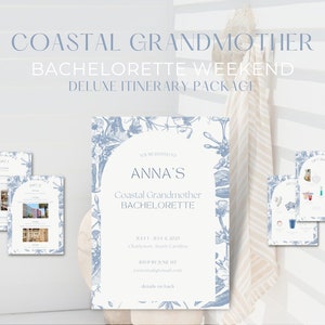 May include: Invitation to a bachelorette weekend for Anna, with a coastal grandmother theme. The invitation features a blue floral design and the text "You're invited to Anna's Coastal Grandmother Bachelorette, July 1-July 4, 2023, Charleston, South Carolina, RSVP by June 1st, yourcoamemad.com, details on back."
