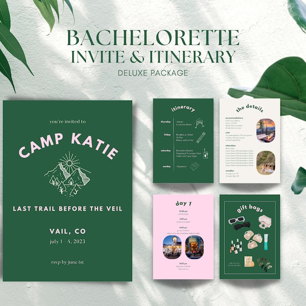 Deluxe Camp Bachelorette Party Deluxe Invitation & Itinerary: Printable Instant Download Canva Customizable Colorado Denver Mountain Vail