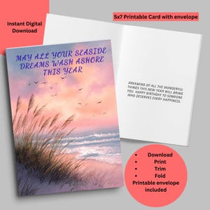 Seaside Dreams Birthday Card | May All Your Dreams Wash Ashore | Printable Card with envelope | Digital Download | Coastal Seascape Birthday