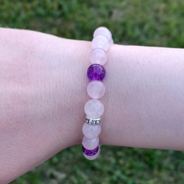 Purple & Rose Quartz 8mm Glass Bead Bracelet, Sierlijke armband, cadeau voor haar, rekbare elastische armband, sierlijke armband