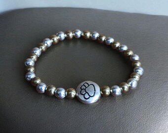 Paw Print Beaded Bracelet: Silver & Gold Pet Lover Jewelry