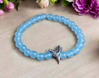 Light Blue Beaded Bracelet, Silver Hummingbird Charm, Nature Jewelry