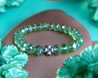 St. Patrick's Day Green Crystal Beaded Bracelet: Dainty Shamrock Jewelry