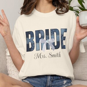 Personalized Bride Denim Jacket Pearl Shirt, Bride Denim Patchwork Statement Tee, Custom Name Wedding Gift, Mrs Bow Shirt, Triche Treasures