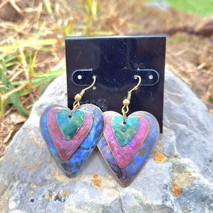 Triple Heart Painted Metal Earrings, 1980s Multi Colored Metal Heart Earrings, Vintage Lovers Gift