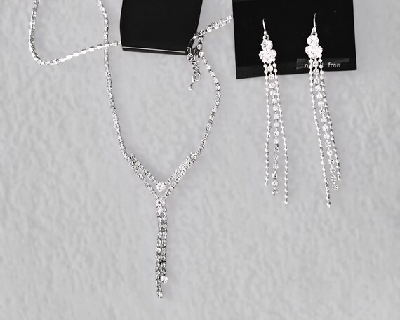Vintage Y Necklace & Earrings Set, Rhinestone Bridal Jewelry, Crystal Wedding Set