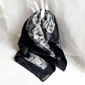 Vintage Italian Silk Scarf, Black Silver 100% Silk Bandana, 19&quot; Luxury Neckerchief, Made in Italy, Fall Gift for Her