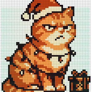 Op de afbeelding: Pixelafbeelding van een chagrijnige oranje kat met een kerstmuts en een klein cadeau. De tekst "Grumpy Orange Cat" staat bovenaan. De kat is in tinten oranje en bruin, met een witte achtergrond.