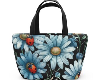 Floral Daisies and Ladybugs Adult Insulated Large Lunch Bag For Women Botanical Work Office School Bag