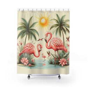 Tropischer Flamingo-Duschvorhang, lustiges Badezimmerdekor, Sommer-Vibes, tropisches Thema, Flamingo-Liebe, Geschenk für Strandliebhaber