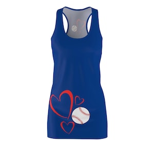 Blue Dress with Heart And Baseball Print Women's Cut & Sew Racerback Dress