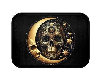Arte de calavera celestial, luna creciente, alfombra de baño negra