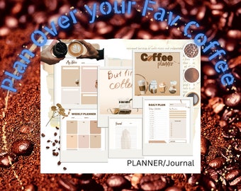 Puede incluir: Un conjunto de planificador y diario imprimible con temática de café. La portada presenta una ilustración de acuarela de granos de café, una cafetera y una taza de café. Las páginas del planificador incluyen secciones para la planificación diaria y semanal, así como una sección de diario. El texto en la portada dice "Coffee Planner" y "Plan Over Your Fav Coffee".
